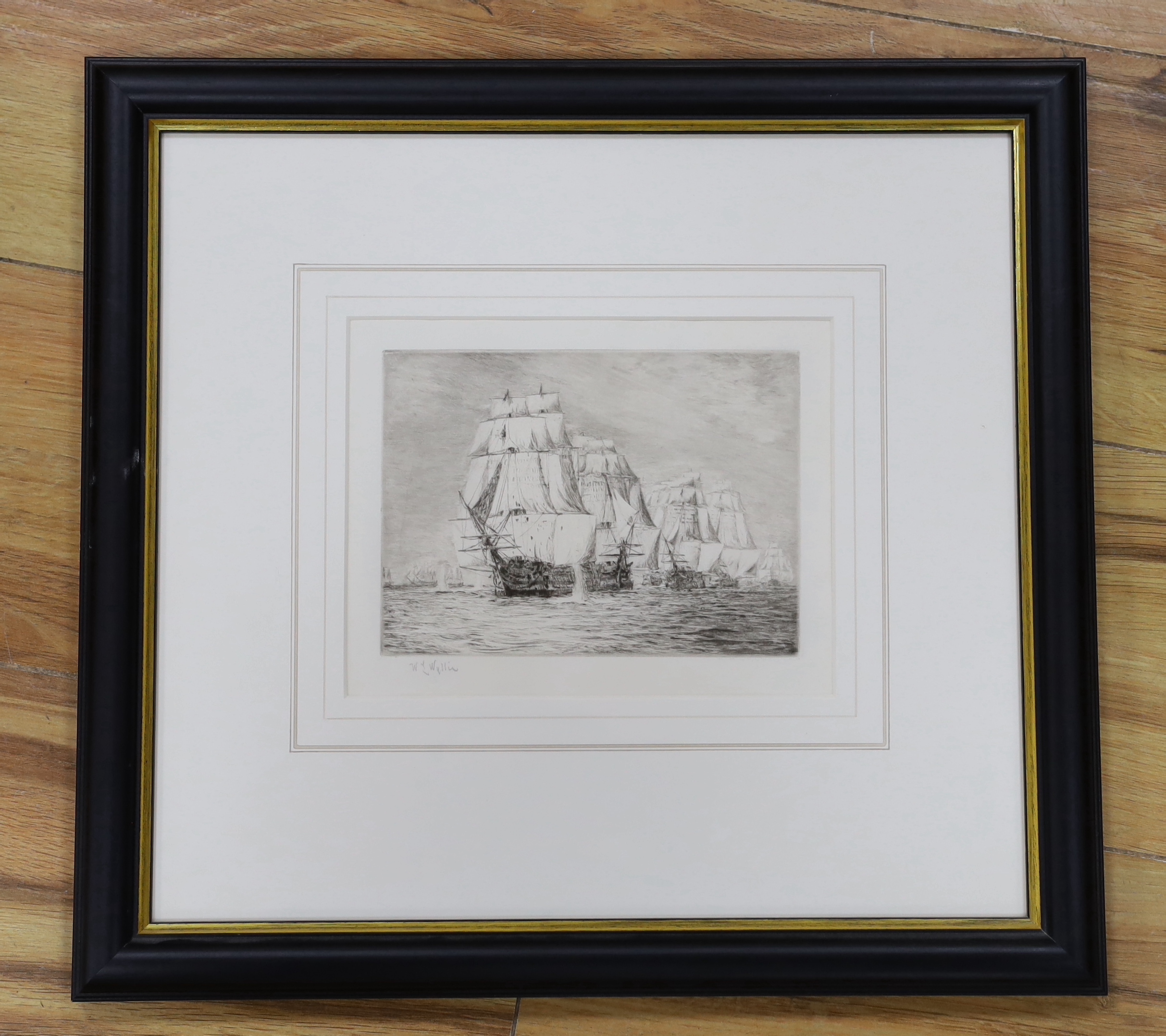 William Lionel Wyllie RA (1851-1931), pencil signed etching, 'Victory Breaking the Line at Trafalgar', 19cm x 15cm